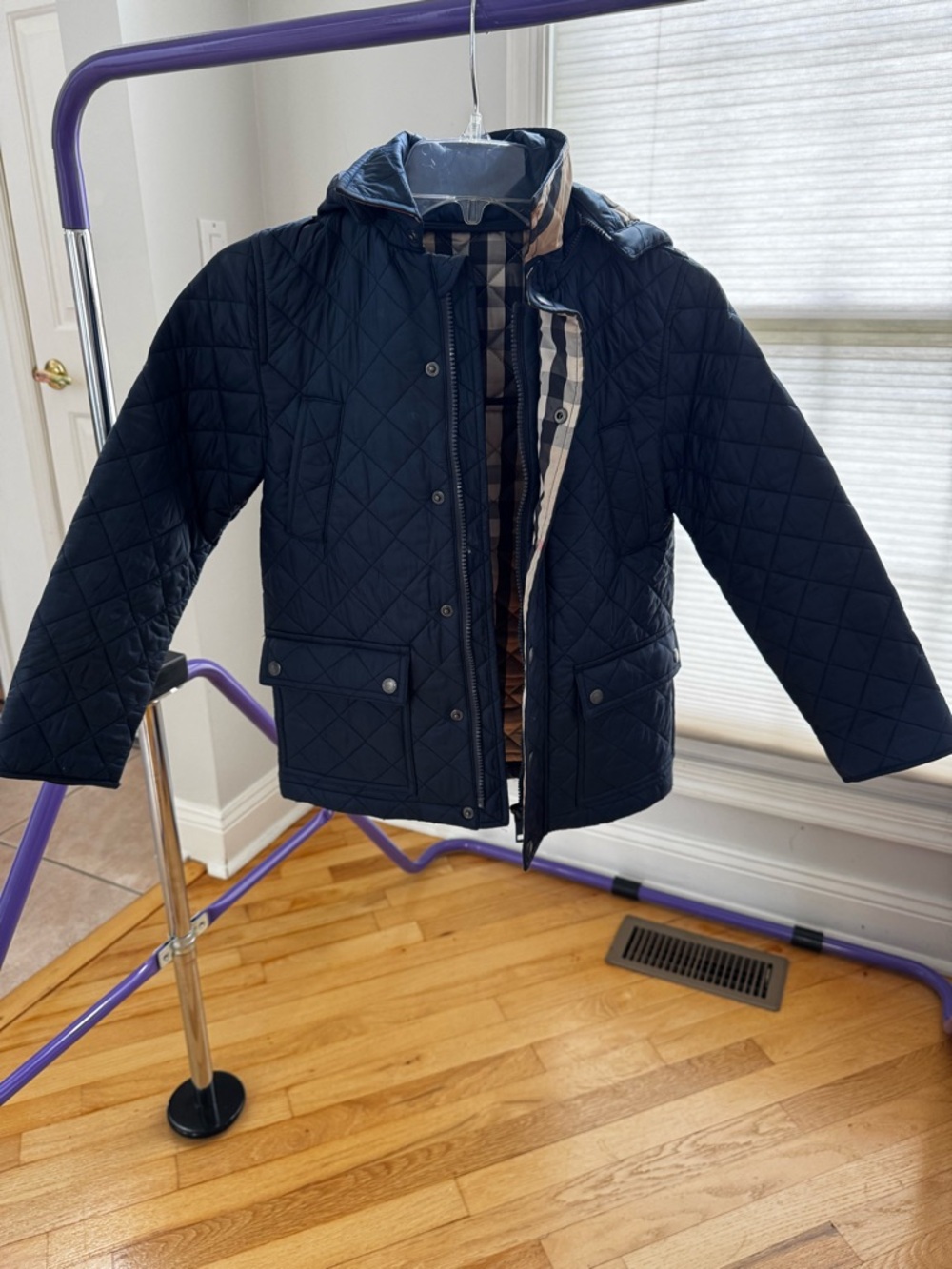 Burberry Navy Quilted Hooded Kids Jacket with Signature Check Lining